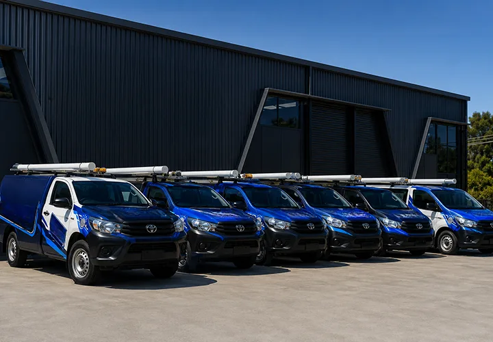 Our plumbing vans lined up before a Bellevue Hill shift