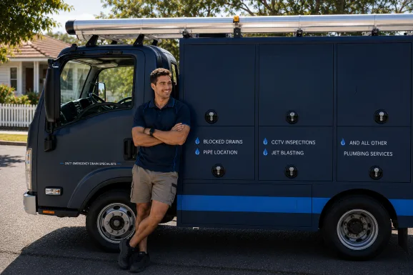 Plumber standing beside a service van in Bellevue Hill