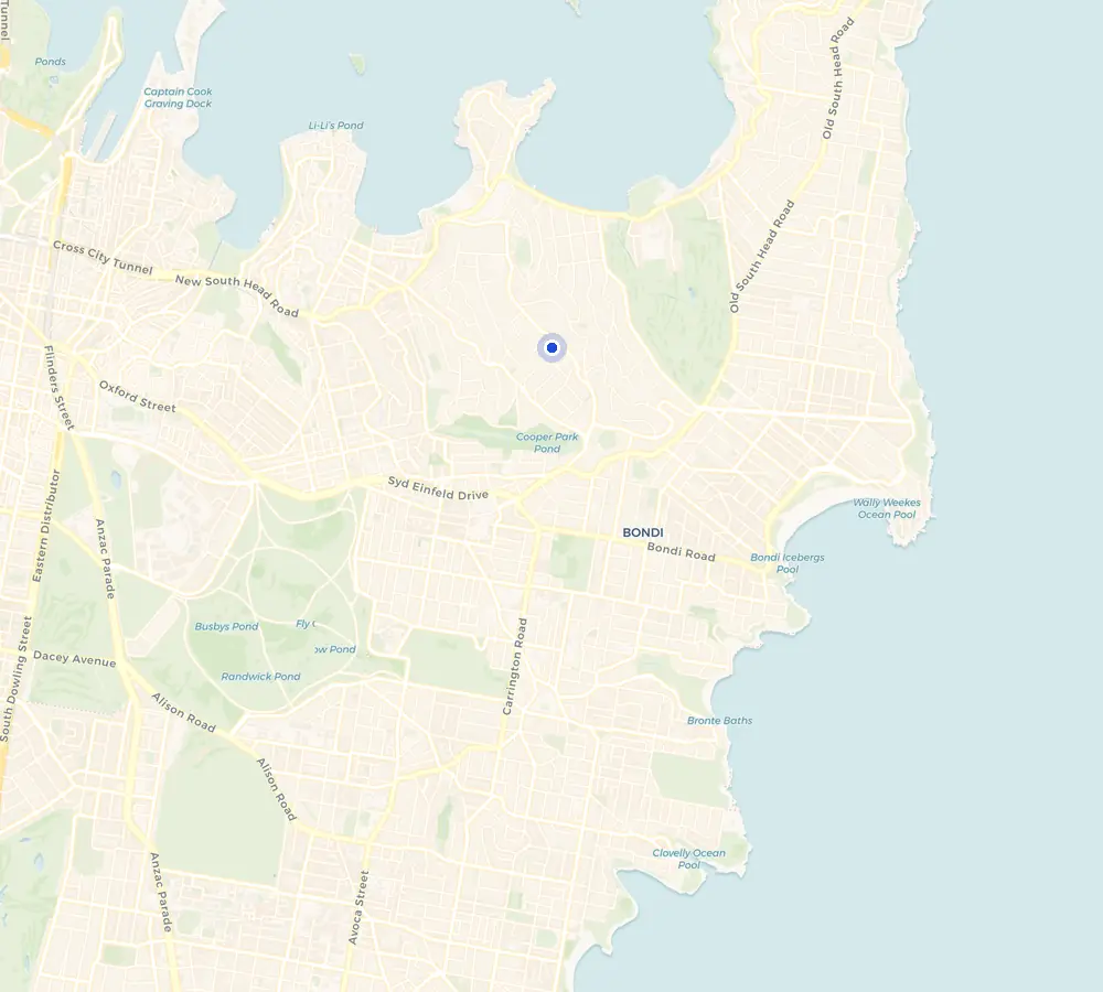 Map of the Bellevue Hill service area and the surrounding Eastern Suburbs, showing Bellevue Hill and the nearby streets we cover.